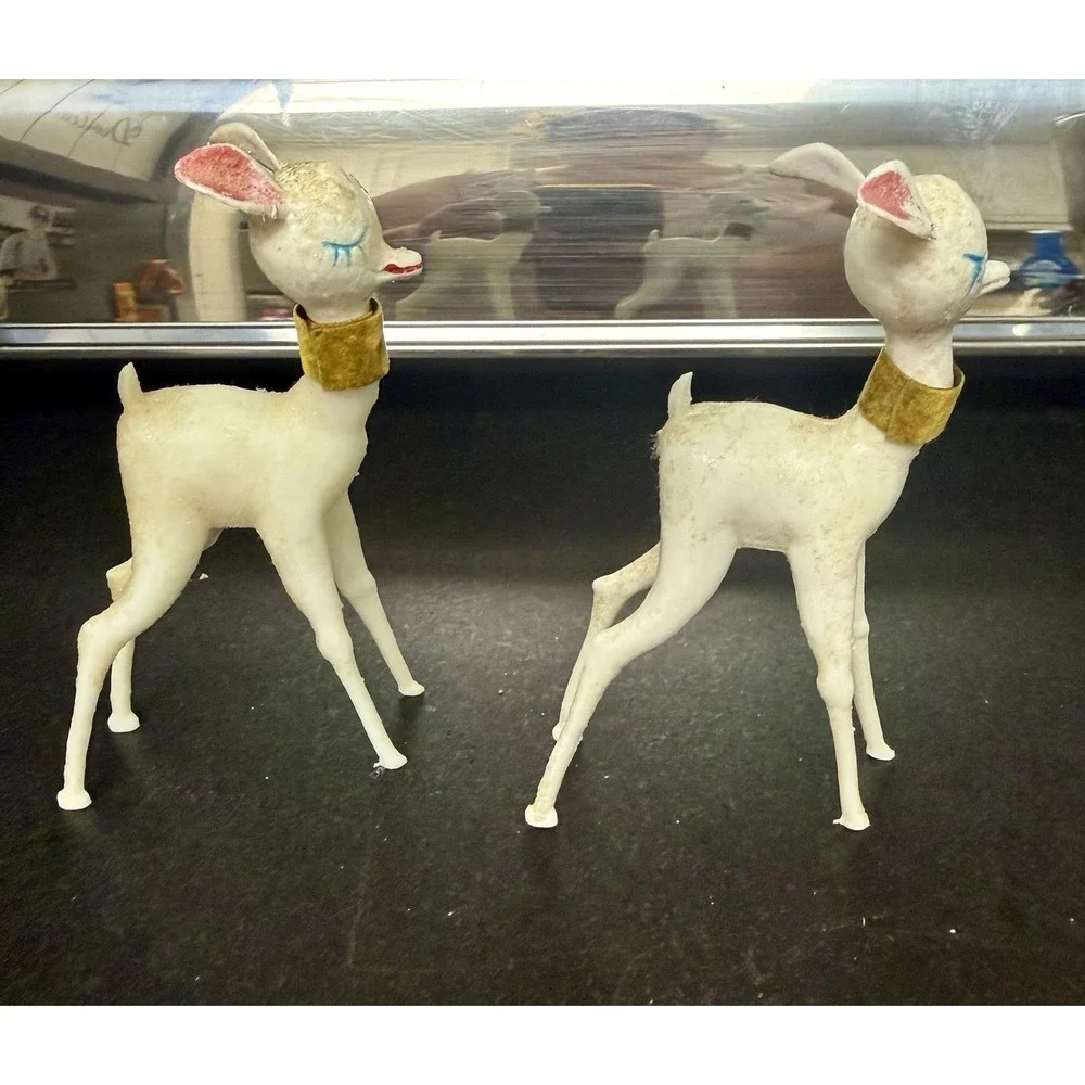 2 Vintage 1950's Hard Plastic the Reindeer Christmas Figurines Ornaments